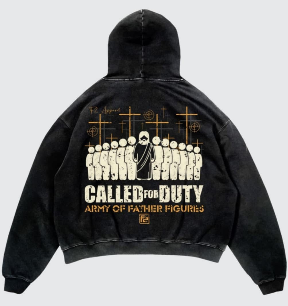 A black jacket with a graphic design featuring crosses and the text 'CALLED FOR DUTY ARMY OF FATHER FIGURES'.