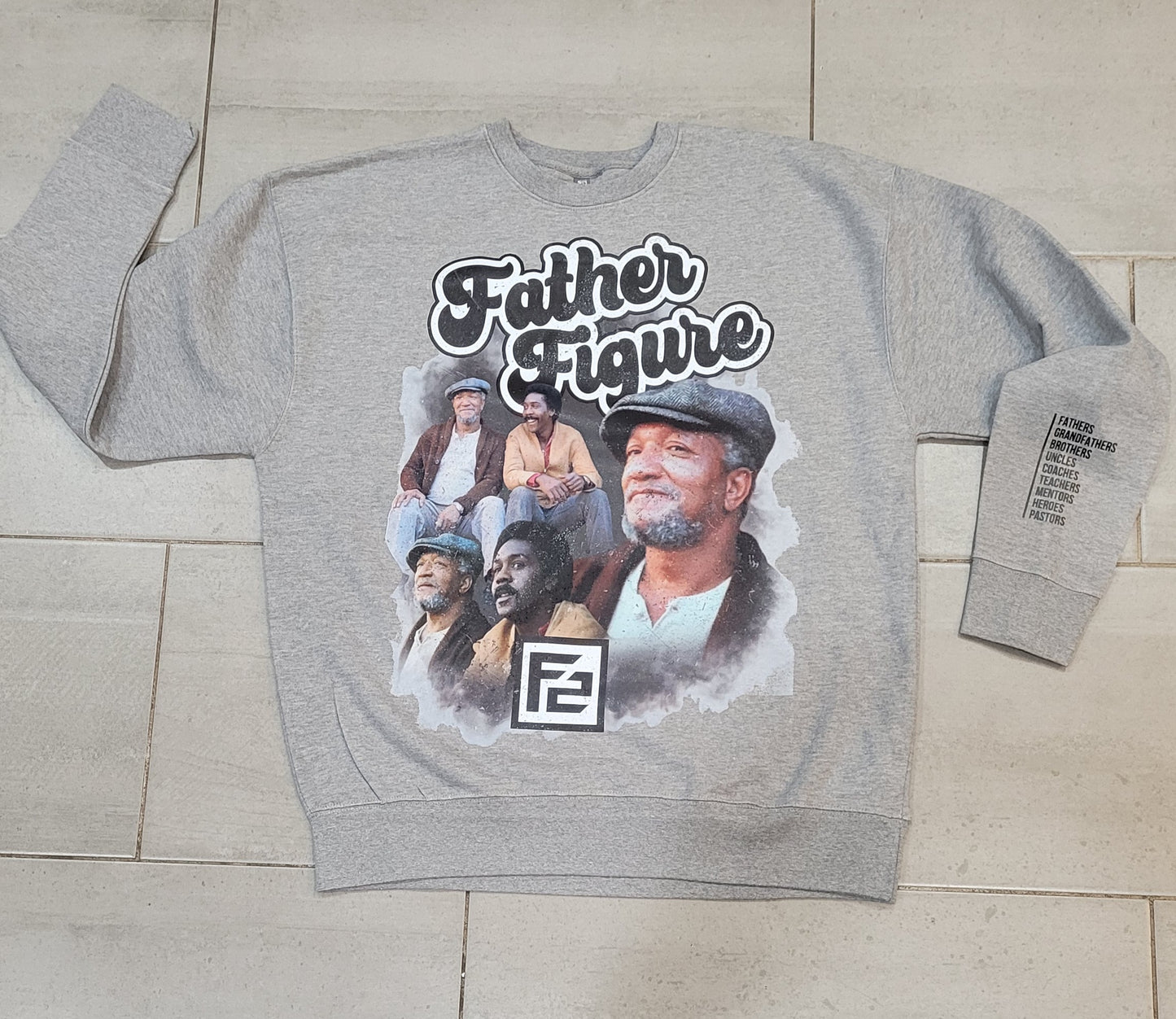 Cozy gray vintage sweatshirt showcasing a nostalgic 'Father Figure' design with four men in classic style.