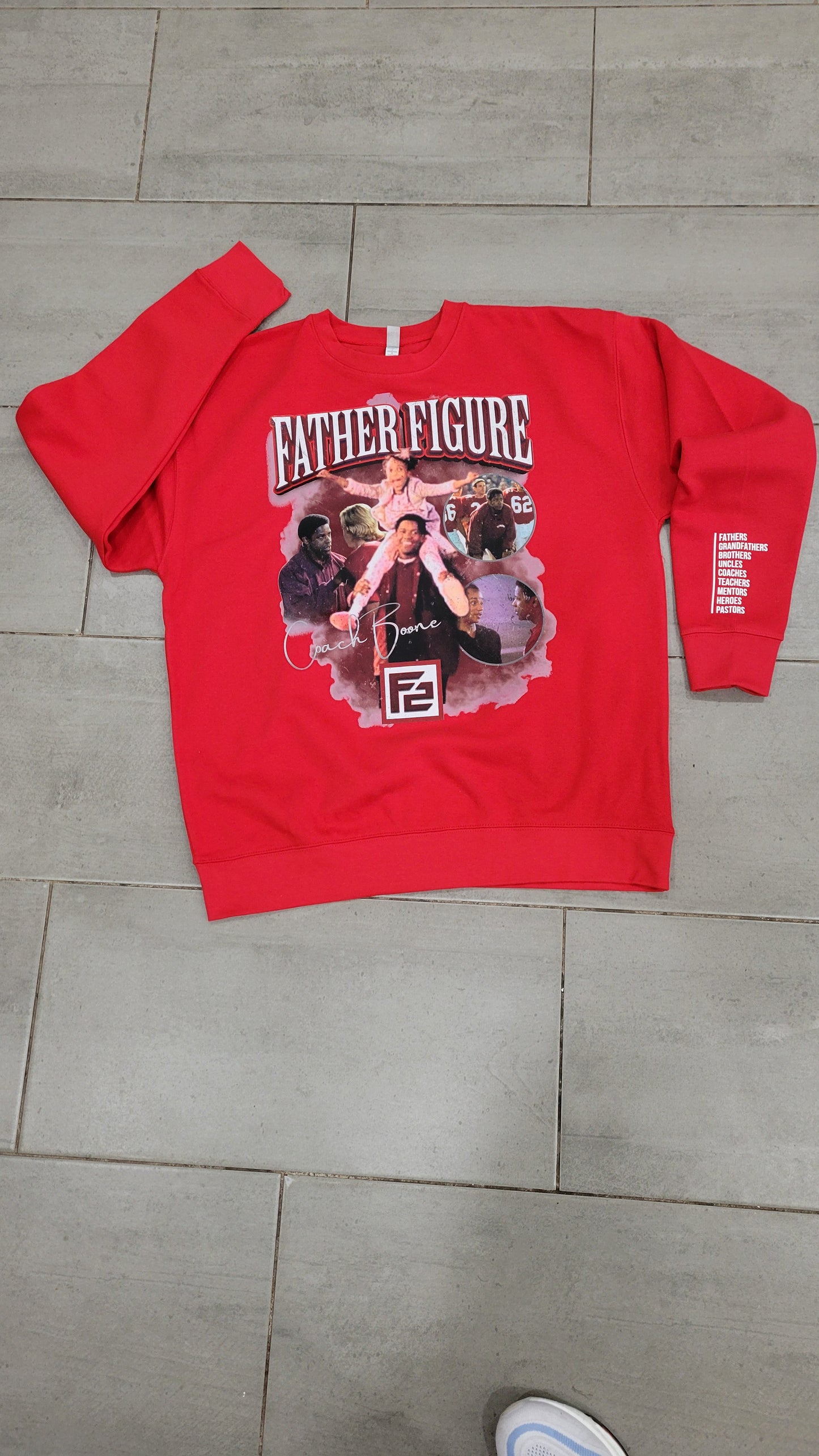 Cozy gray vintage sweatshirt showcasing a nostalgic 'Father Figure' design with four men in classic style.