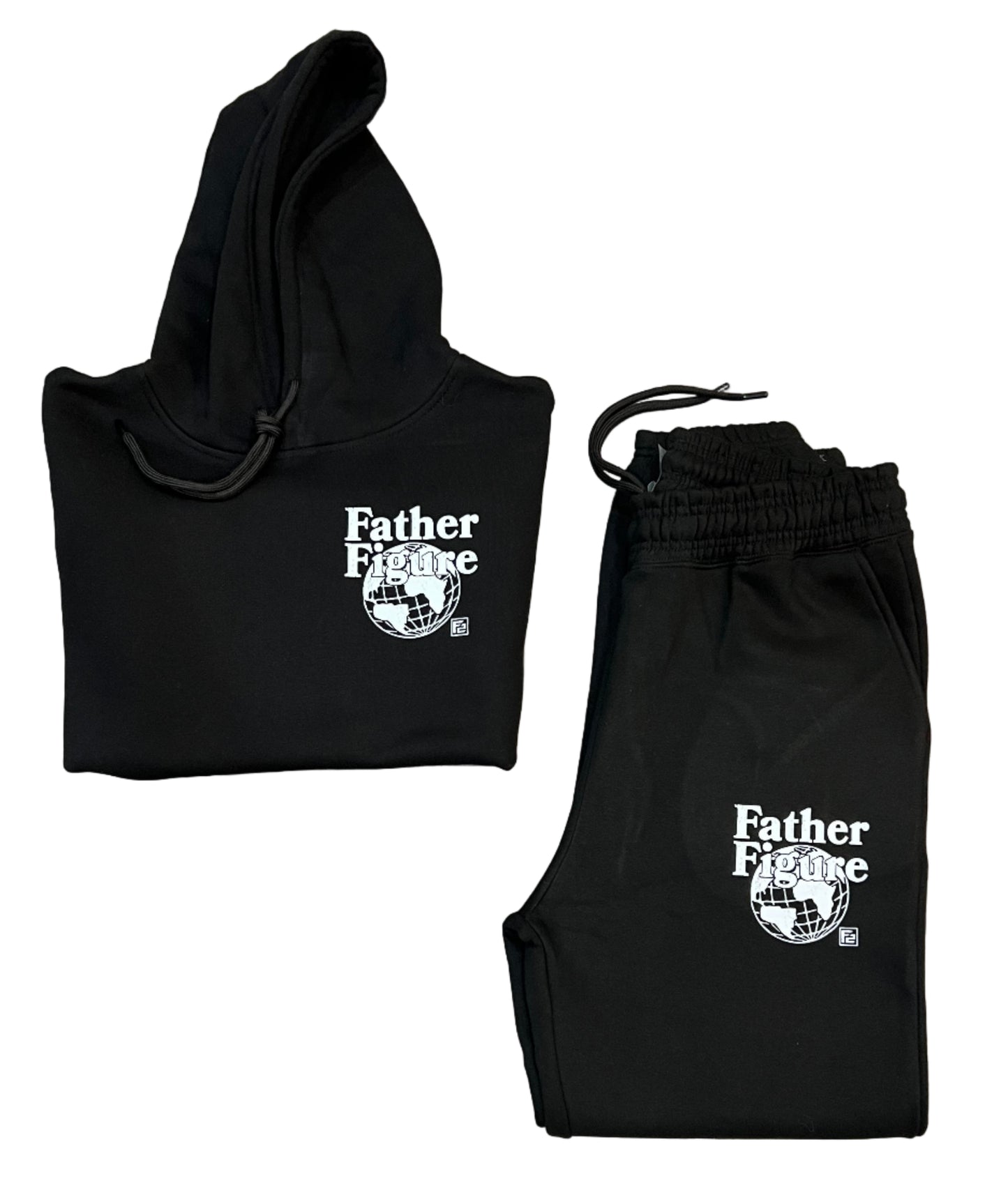 Cozy black Father Figure Combo Set featuring a hoodie, joggers, and free t-shirt, all with bold empowering logos.
