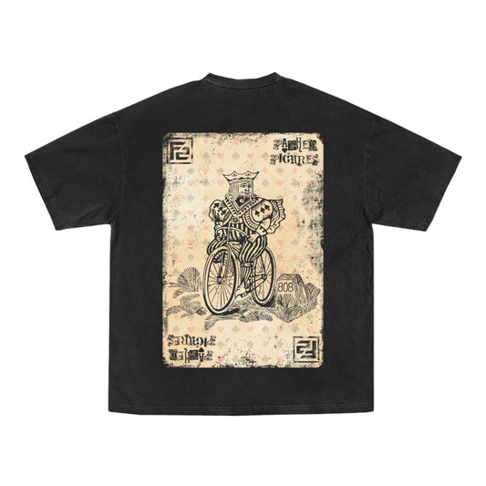 Black t-shirt with a graphic design on the back against a light gray background