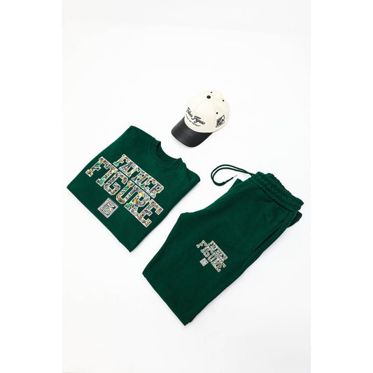 Father Figure Forest Green Crew Sweatshirt & Flared Sweatpants Set