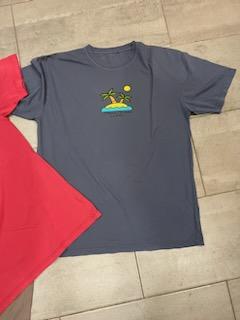 Vibrant "F2 Island" tee in soft cotton, featuring a bold graphic design that embodies a carefree, imperfect paradise.