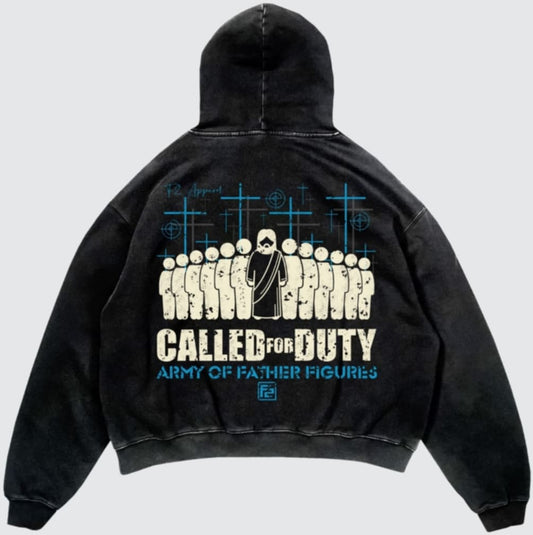 A black jacket with a graphic design featuring crosses and the text 'CALLED FOR DUTY ARMY OF FATHER FIGURES'.