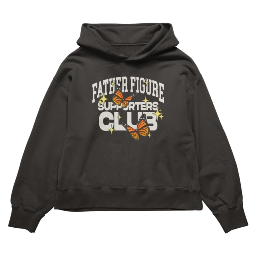 Cozy Father Figure Supporters Club hoodie with bold text and vibrant butterfly graphics symbolizing transformation.