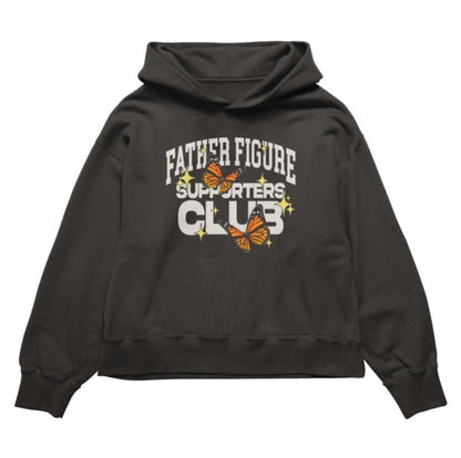 Cozy Father Figure Supporters Club hoodie with bold text and vibrant butterfly graphics symbolizing transformation.