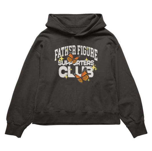 Cozy Father Figure Supporters Club hoodie with bold text and vibrant butterfly graphics symbolizing transformation.