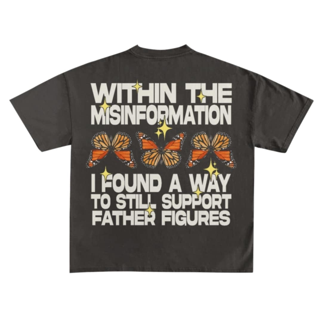Bold Father Figure Supporters Club hoodie and tee with striking butterfly graphics and inspiring text in black or pink.