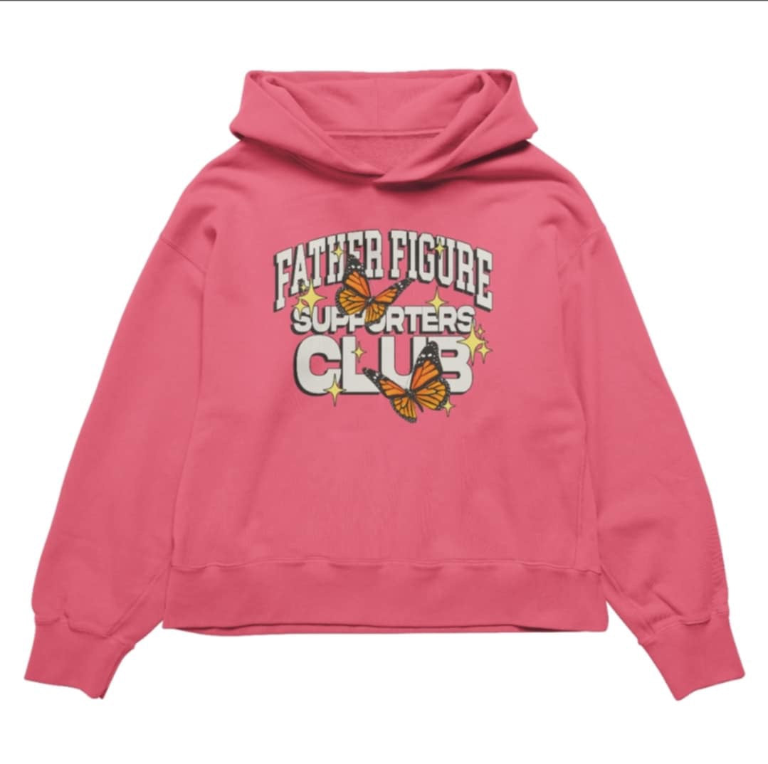 Cozy Father Figure Supporters Club hoodie with bold text and vibrant butterfly graphics symbolizing transformation.