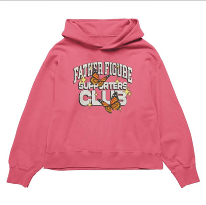 Cozy Father Figure Supporters Club hoodie with bold text and vibrant butterfly graphics symbolizing transformation.