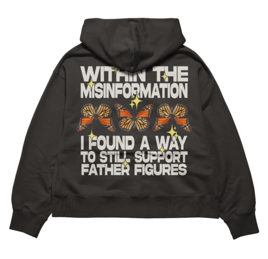 Vibrant Father Figure Supporters Club hoodie and tee with bold text and butterfly graphics symbolizing transformation.