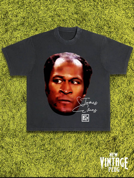Retro graphic tee featuring a bold vintage James Evans big face design, ideal for TV fans and streetwear enthusiasts.