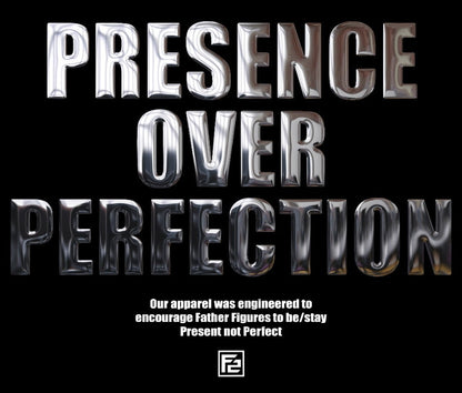 Black background with metallic text 'PRESENCE OVER PERFECTION' and a logo at the bottom.
