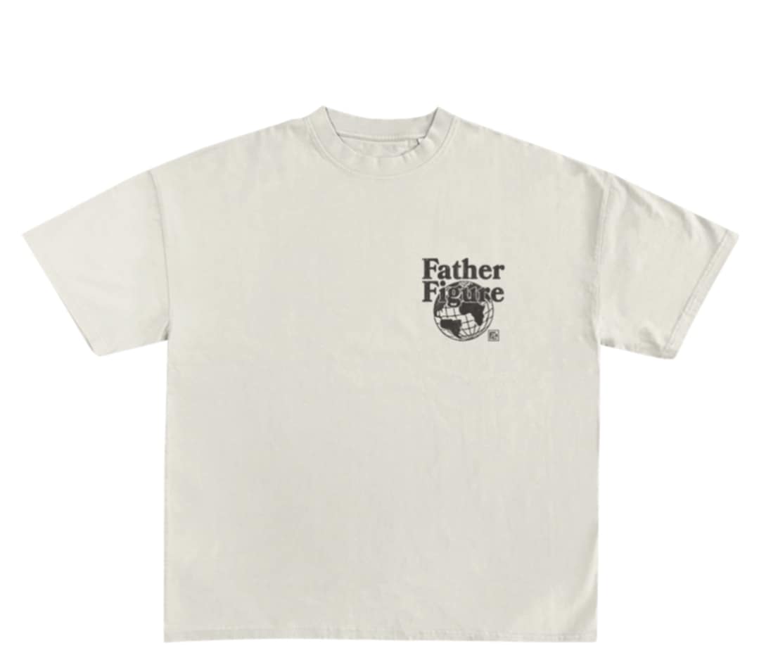 A white crew neck t-shirt with a 'Father Figure' graphic on the front left chest and a bold, uplifting message on the back.