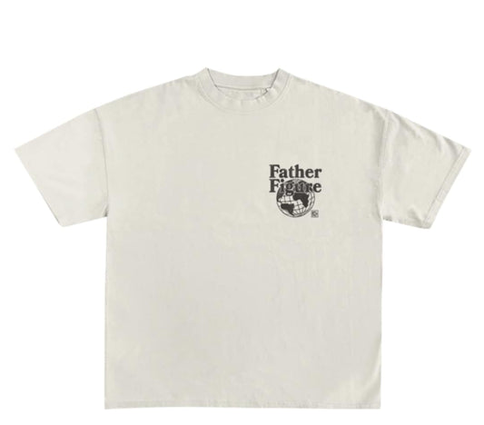 A white crew neck t-shirt with a 'Father Figure' graphic on the front left chest and a bold, uplifting message on the back.