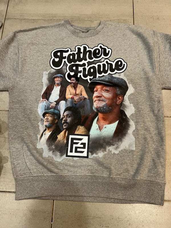 Cozy gray vintage sweatshirt with a nostalgic 'Father Figure' design showcasing four men in retro style.