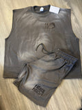 Gray sleeveless shirt and shorts set with 'FATHER FIGURE' text on a wooden surface