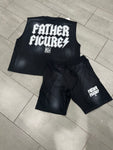 Black sleeveless shirt and shorts set with 'FATHER FIGURES' branding on a tiled floor.