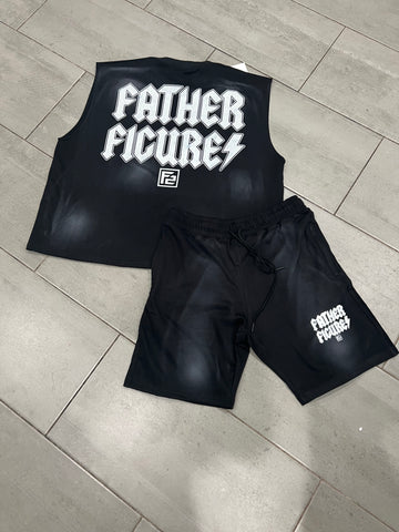 Black sleeveless shirt and shorts set with 'FATHER FIGURES' branding on a tiled floor.