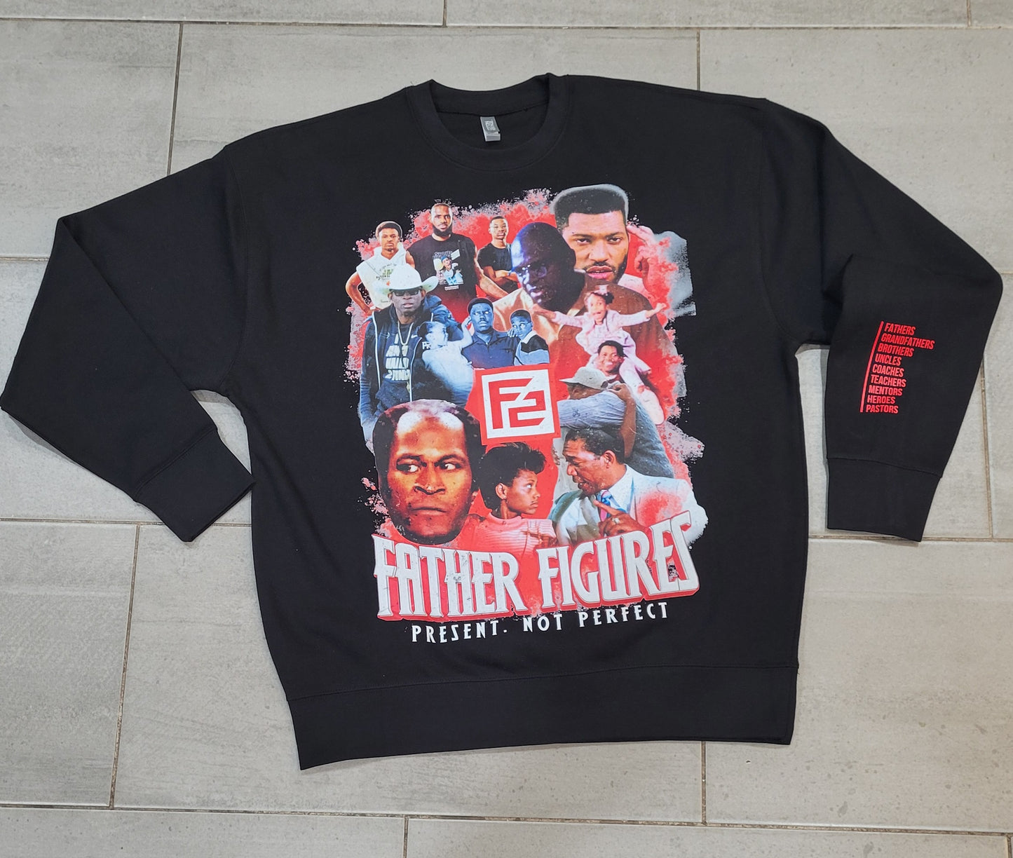 Cozy gray vintage sweatshirt with a nostalgic 'Father Figure' design showcasing four men in a classic graphic style.