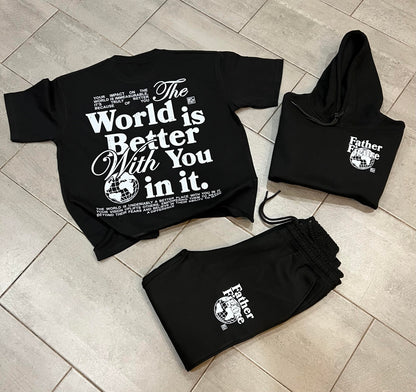 Stylish Father Figure Combo Set featuring a black hoodie, joggers, and a free t-shirt, all with bold, empowering logos.