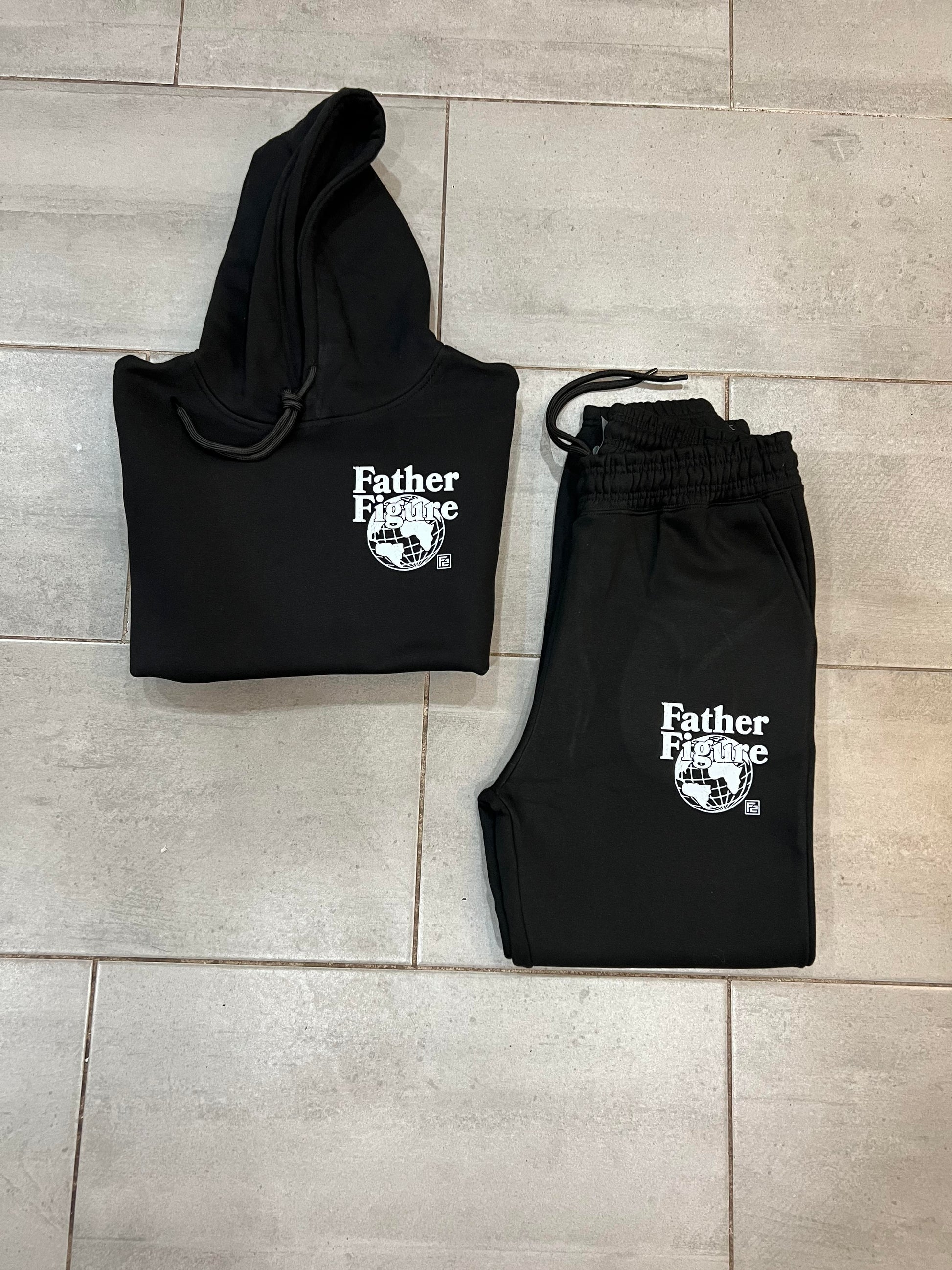 Cozy black Father Figure Combo Set featuring a hoodie, joggers, and free t-shirt, all with bold empowering logos.