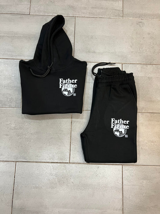 Cozy black Father Figure Combo Set featuring a hoodie, joggers, and free t-shirt, all with bold empowering logos.