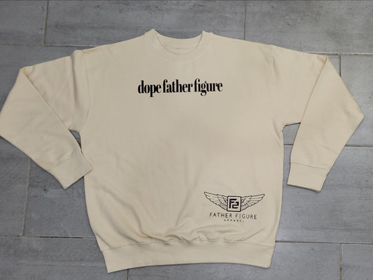 Cozy ivory cream sweatshirt with elegant chocolate script and a subtle F2 wing logo, perfect for fall and winter style.