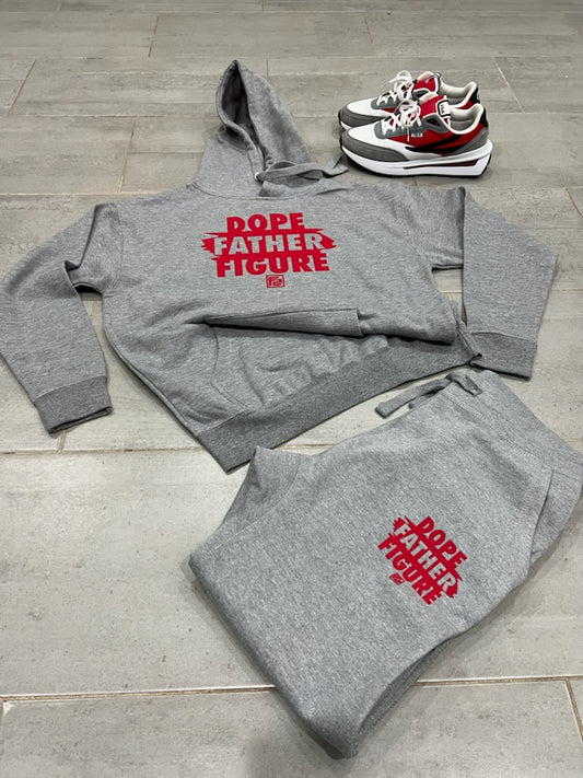Cozy grey cotton jogger set with bold red "DOPE F2" rubber stamp script, ideal for stylish fall and winter outings.