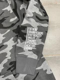 Cozy grey camo F2 hoodie from the Fall/Winter collection, featuring a bold white rubber stamp F2 logo on soft cotton.