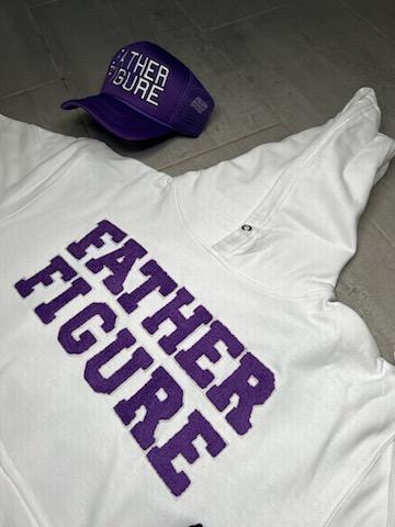 Cozy white cotton hoodie and purple snapback hat from the Fall/Winter "Purple Swag Pack," featuring bold chenille text and patches.